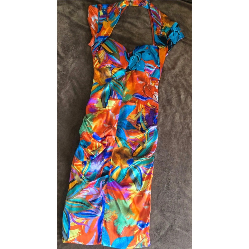Caché Silk Blend Floral Ruched Bodycon Dress Orange & Blue Tropical Vintage 6⁠